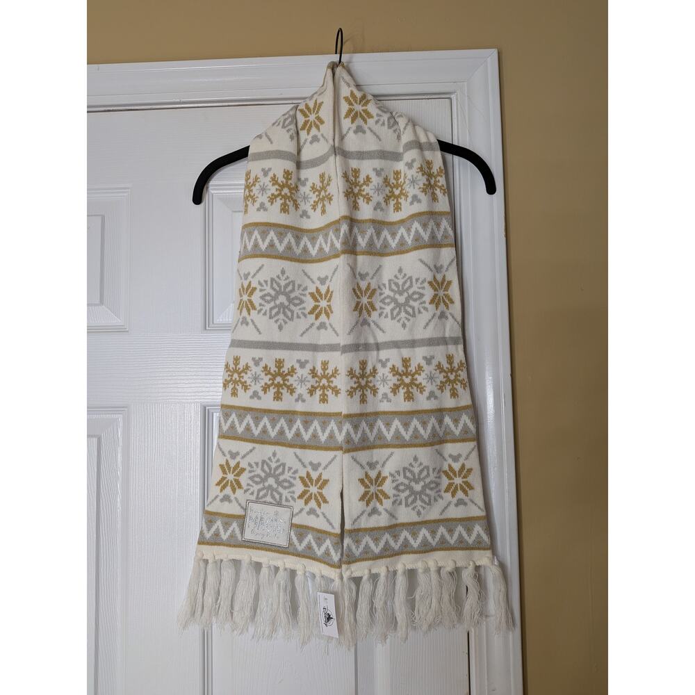 Disney Winter Magic Snowflake Knit Scarf NWT Cream Gold Fringe Winter Scarf